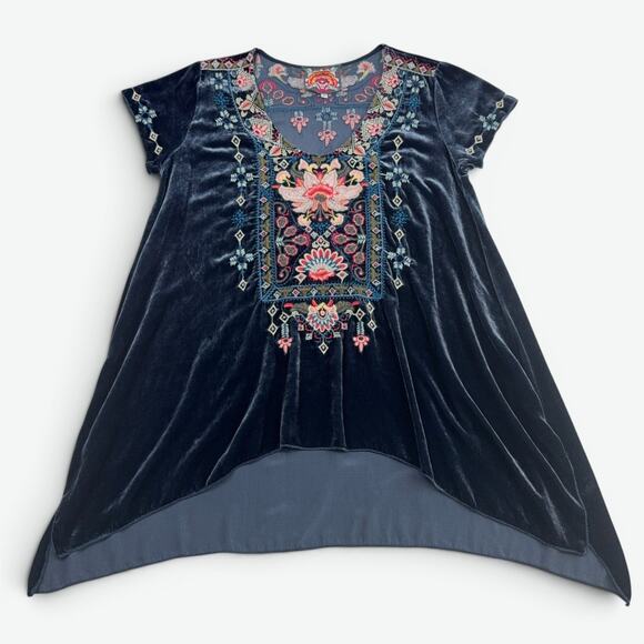 Johnny Was Tops - Johnny Was Los Angeles Velvet Tunic Top Womens Medium Blue Embroidered Boho